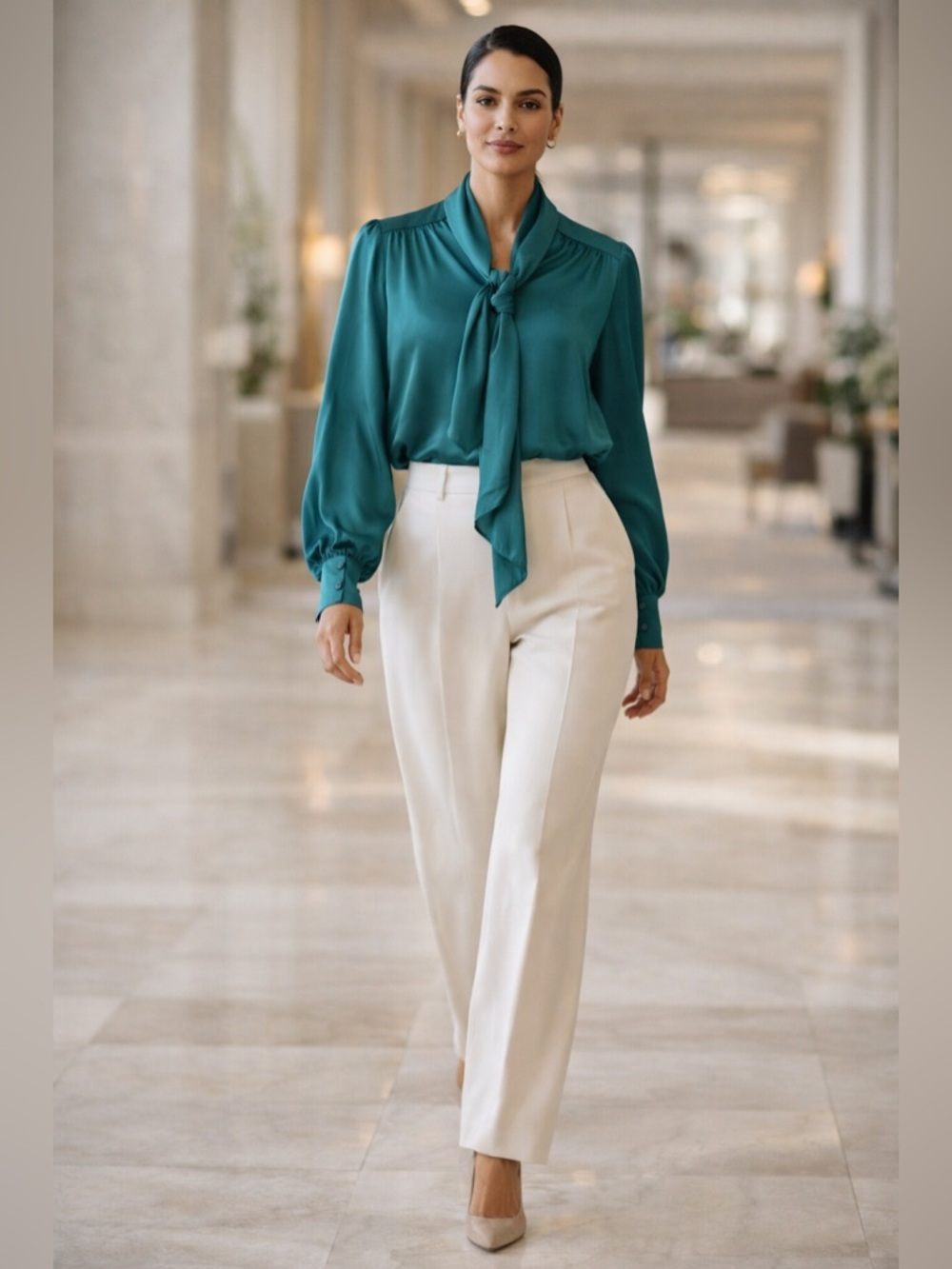 Vintage Ellen Tracy 100% Silk Teal Tie Neck Blouse Hong Kong Size 10